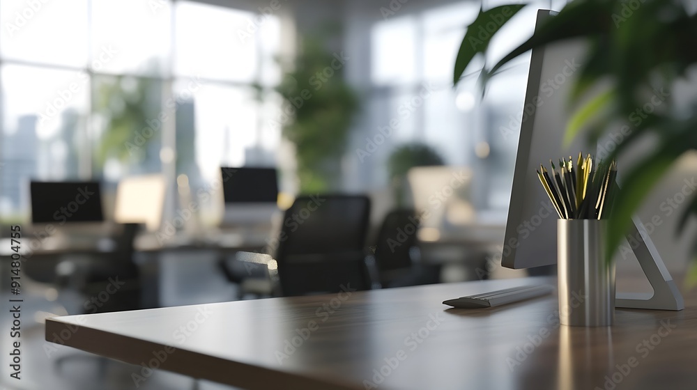 Leinwandbilder Modern business office without people with blurred bokeh background tables chairs computers plan  copy space green office concept : Generative AI