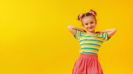 Childrens fashion Cute girl 1011 years old in fashionable colorful clothes posing cheerfully on a yellow studio background Fulllength portrait with copy space Active happy kids : Generative AI