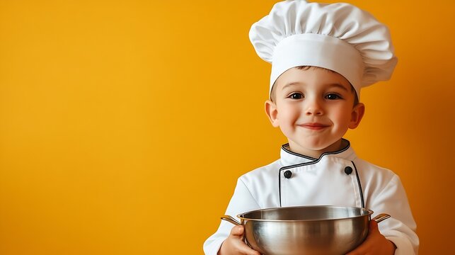 Kid chef cook with cooking bowl Cooking children Chef kid boy making healthy food Portrait of little child in chef hat isolated on studio background Kid chef Cooking process : Generative AI