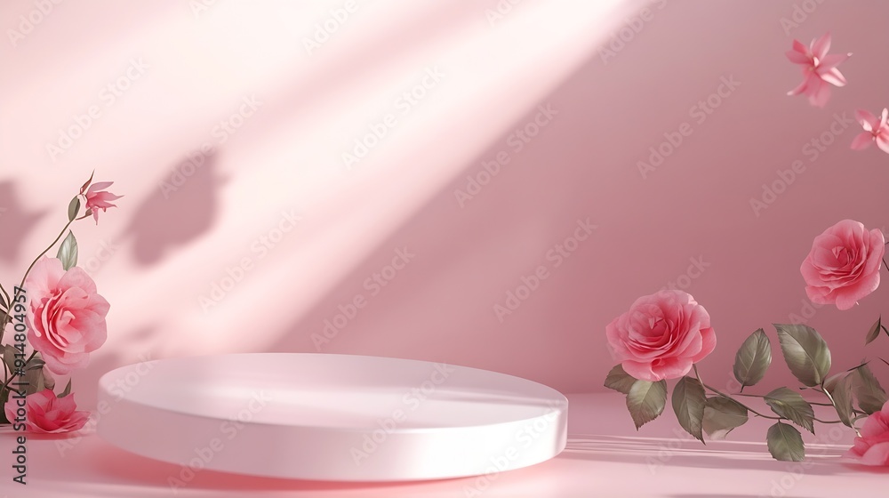 Aufkleber abstract minimal nature scene empty stage and white podium on pink background and soft shadows of ro