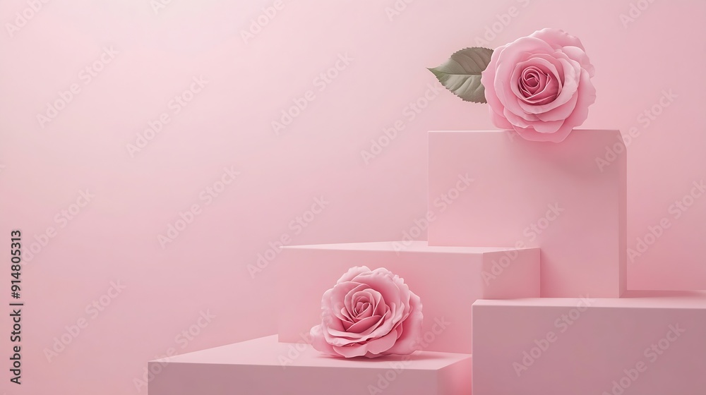 Aufkleber Pink background for product presentation with square podiums of geometric shapes and blooming rose Empty podiums Mockup : Generative AI