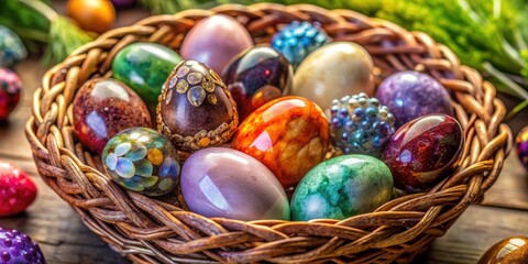 Enchanting photo of gemstone-adorned Easter eggs nestled in a basket , Easter, Enchantment, Gemstones, Easter Eggs