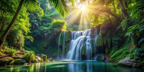Tropical forest waterfall surrounded by lush greenery and sunlight filtering through the leaves, waterfall, nature, tropical