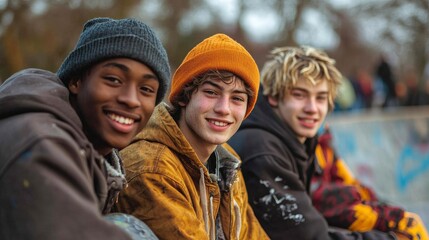Multiracial Young Men Talking And Resting At A Skateboard Park
