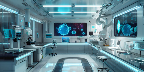 Fototapeta premium Advanced Biotechnological Research Laboratory with Futuristic Digital Interfaces and Cutting-Edge Scientific Equipment