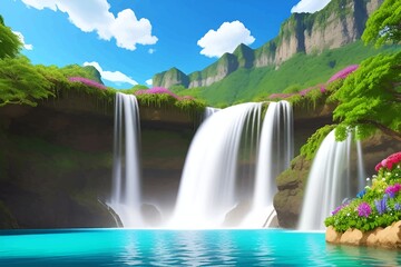 Naklejka premium Beautiful and Peaceful Nature Scenery Illustration, Landscape, Countryside, Tranquil, Vibrant and Colorful