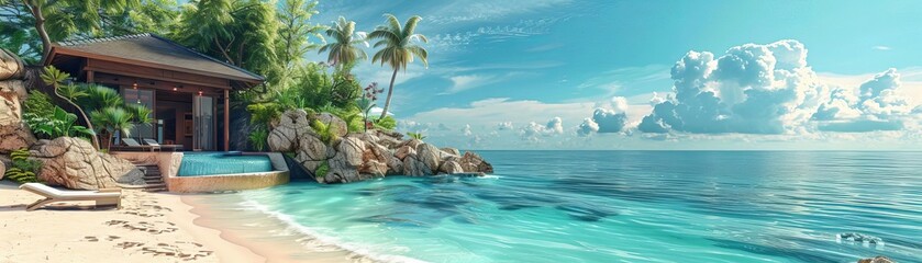 Fototapeta premium Beachfront tropical resort, luxury holiday destination, picturesque ocean view