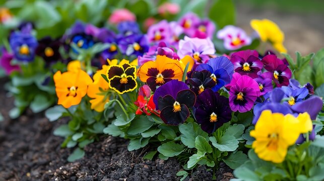 Vibrant Pansy Blooms in a Garden Bed