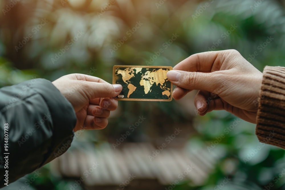 Wall mural two hands exchanging card with golden world map, set against blurred green background, represents gl