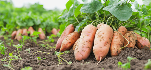 Sweet Potatoes Being Harvested in a Lush Rural Field on a Sunny Day