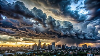 Obraz premium Dark and ominous clouds gathering over a city at dusk, deterioration, environment, evening, sunset, cityscape