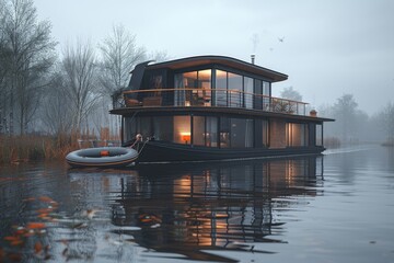 Minimalist floating home enveloped in fog featuring sleek designs and serene water views ideal for peaceful retreats