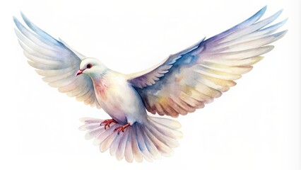 Obraz premium Watercolor of a peaceful dove flying gracefully, peaceful, bird, wings, art, painting, watercolor,nature, animal, flying, grace