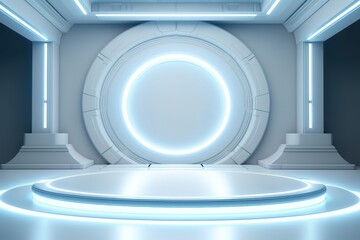 Futuristic glowing white platform with circular design.