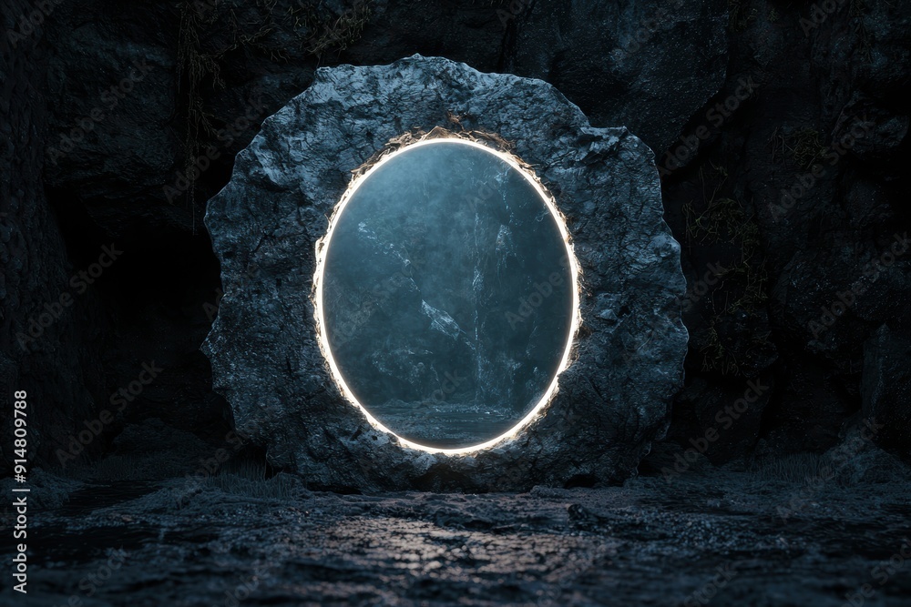 Wall mural Glowing portal in dark rocky cave