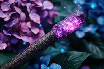 Magical glowing crystal wand with sparkling purple flowers