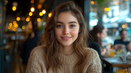 Obraz premium Happy Woman Smiling At The Camera With Friends At A Restaurant
