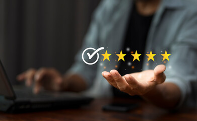 feedback review comment satisfaction with customer holding choosing five star icon for service	
