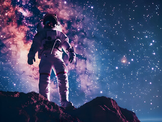 Obraz premium Astronaut Standing on a Mountain with a Starry Night Sky Illustration
