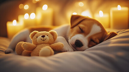 Cute puppy sleeping with teddy bear toy on bed