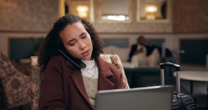Woman, business trip and phone call or laptop in lobby, mobile and virtual client on app or online conversation. Hotel, email and schedule appointment or talking, travel luggage and communication