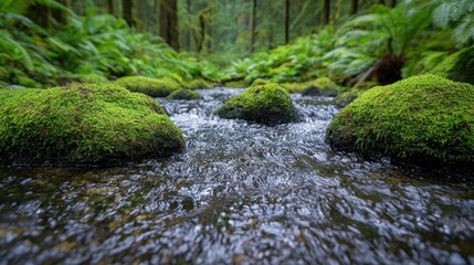 Lush green forest stream with mossy rocks