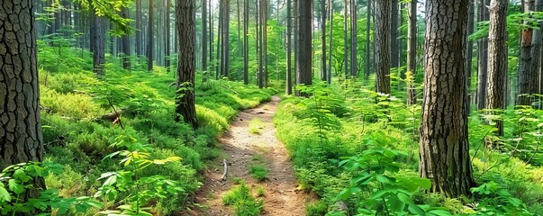 Obraz premium Dense forest trail illuminated by dappled sunlight, dense forest, nature's beauty