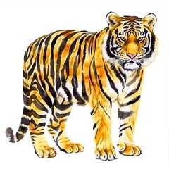 Obraz premium watercolor painting of a black and yellow striped tiger, on isolated white background