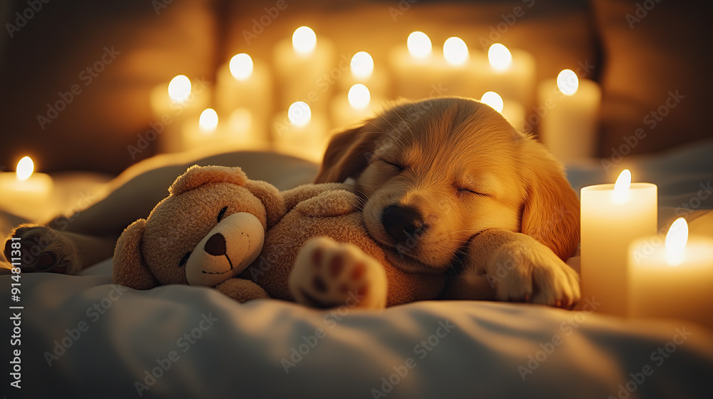 Wall mural cute puppy sleeping with teddy bear toy on bed