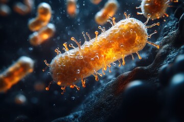 3D Rendering of Microorganisms with Various Bacteria Under Microscope, Realistic Illustration on Black Background

