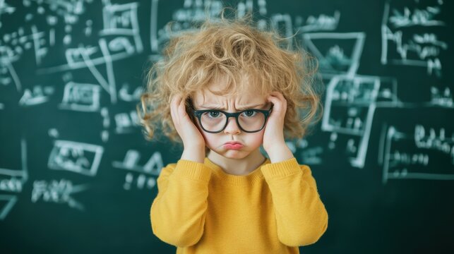 A young student expresses frustration while working on math problems at school