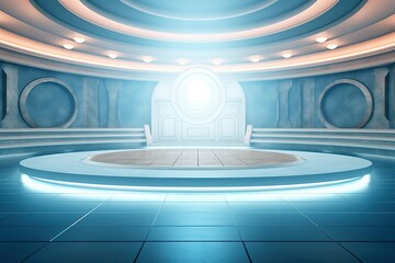Obraz premium Futuristic blue stage with glowing lights.