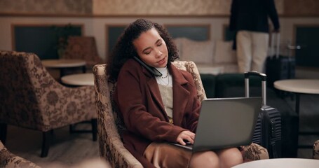 Woman, business trip and phone call or laptop in hotel, mobile and virtual client on app or online conversation. Lobby, email and schedule appointment or meeting, travel luggage and communication