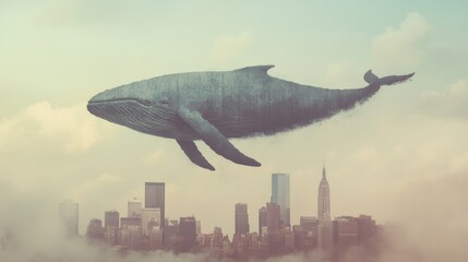 A massive whale floats effortlessly above a bustling city skyline, creating a surreal contrast at dusk