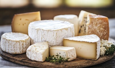 Assortment of Cheeses on a Wooden Board