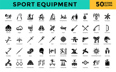 Sport equipment icon set with swim cap, goggles, snorkel, flippers, kayak, canoe, paddle, rowing oars, fishing rod, archery bow icon. Simple glyph vector 
