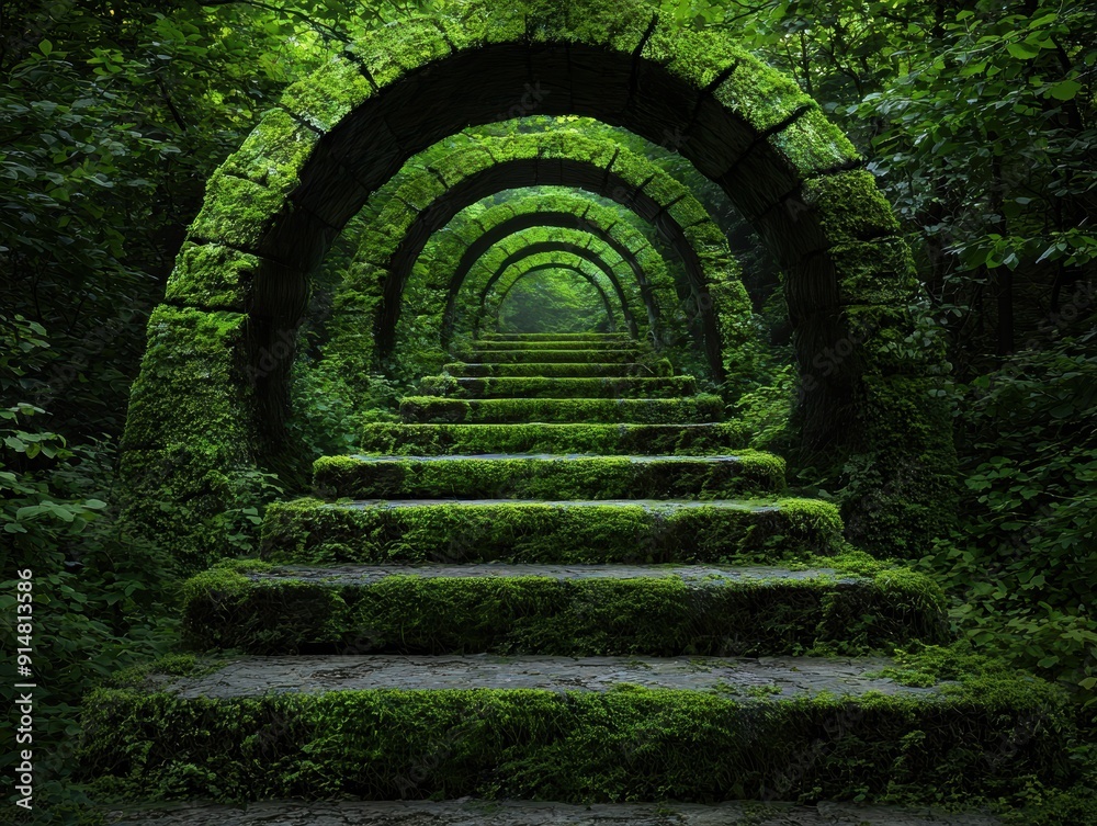 Wall mural Enchanting moss-covered stone archway in lush forest