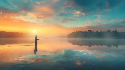 Silhouette of a Fisherman at Sunrise on a Misty Lake