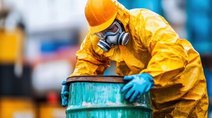 A worker in a hazmat suit is managing a hazardous material barrel in a controlled outdoor environment