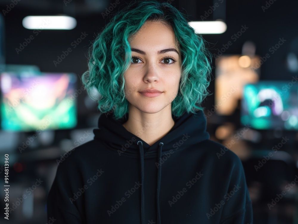 Sticker young woman with vibrant green curly hair