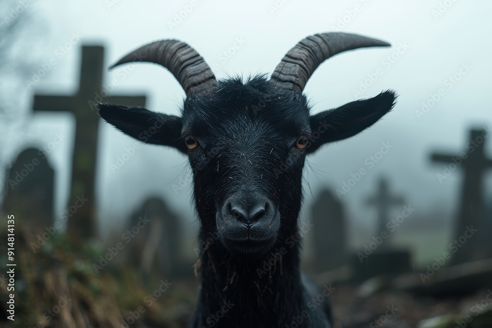 Sticker mysterious black goat with horns in a graveyard