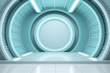 Futuristic interior with circular elements and glowing lights.