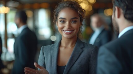 Friendly Diverse Employees Congratulating A Businesswoman On Her Achievement