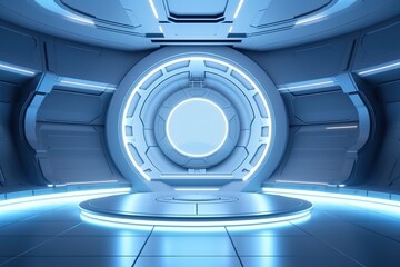 Futuristic interior with circular platform and glowing lights.