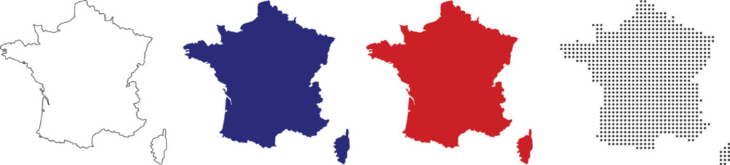 France map in various style outline, blue color, red color, dotted