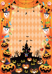 ハロウィン、イラスト、背景、お化け、カボチャ、かわいい、劇場、幕、オレンジ、縦