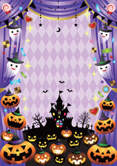 ハロウィン、イラスト、背景、お化け、カボチャ、かわいい、劇場、幕、紫、縦