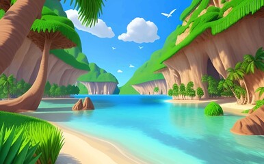 Naklejka premium Beautiful and Peaceful Nature Scenery Illustration, Landscape, Countryside, Tranquil, Vibrant and Colorful