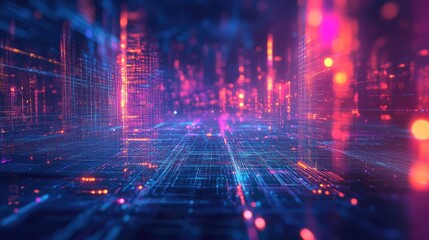 Futuristic 3D background with digital grids and neon lights, high-tech and colorful visual art