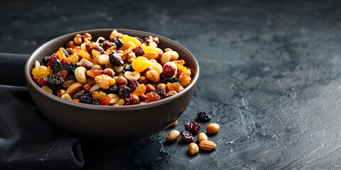 Fototapeta premium Mix of energetic seeds and dried fruits in a wooden bowl on a black surface. 